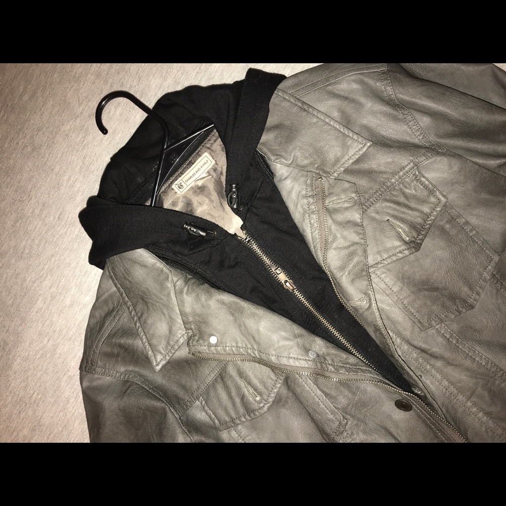 Grey faux leather hoodie jacket